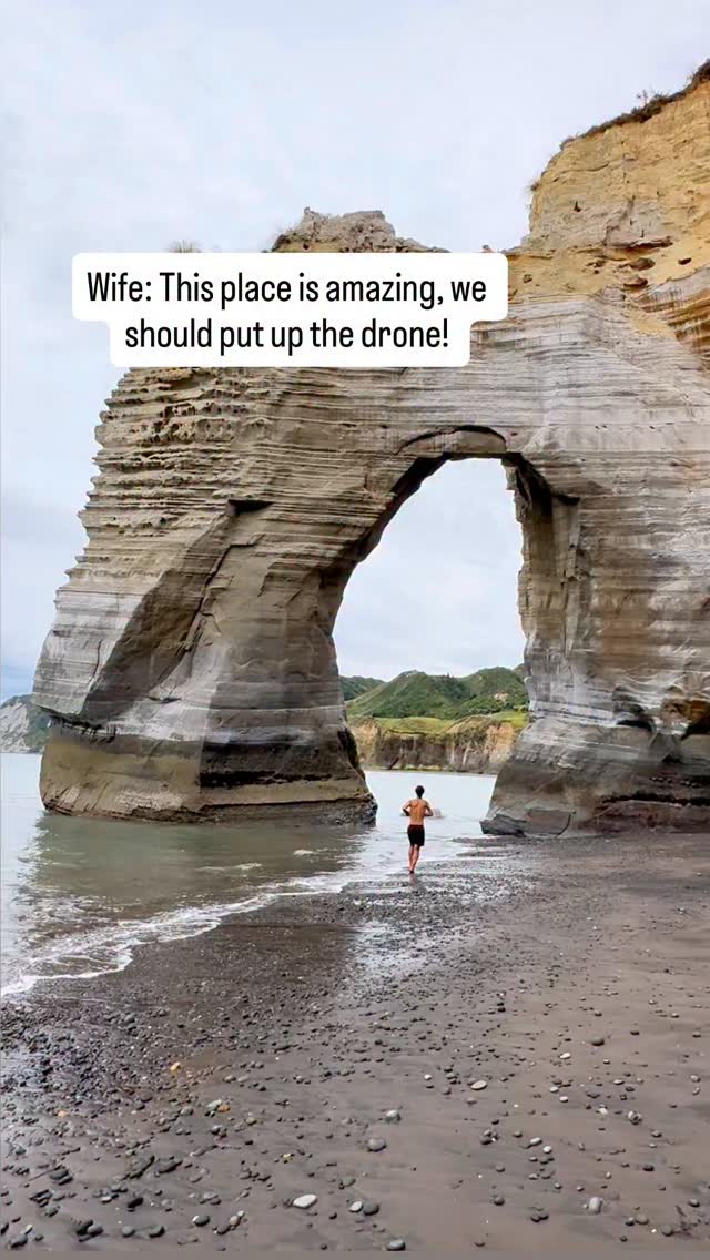 This was our favourite hidden gem in New Zealand. 

To be fair, we don’t realise the gimble had broken so the drone footage ended up a disaster but  I thought I would share anyway because well it’s funny and because people tell us they follow us because we aren’t perfect and quite average and relatable. 😂😂

We had the entire place to ourselves! The only footprints on the beach belonged to us and it was truly magical! Definitely a place we will remember forever.

Details: 
The arch is only accessible at low tides and you still need to wade out into the water to get to it! 100% worth it, but please always check tide and swell conditions to ensure your safety. 

Save this for your next New Zealand adventure! 

The arch can be found on 
📍White Cliffs Beach about 40 minutes north of New Plymouth, North Island, New Zealand!