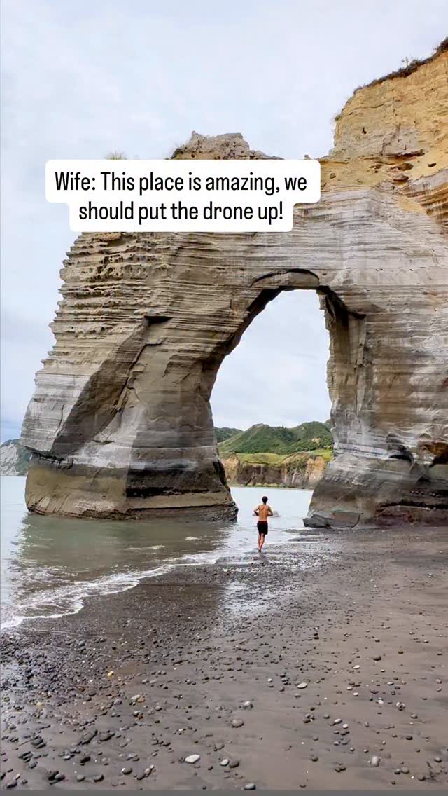 This was our favourite hidden gem in New Zealand. 

The drone footage ended up a disaster but  I thought I would share anyway because well it’s funny and because people tell us they follow us because we aren’t perfect and quite average and relatable. 😂😂

We had the entire place to ourselves! The only footprints on the beach belonged to us and it was truly magical! Definitely a place we will remember forever.

Details: 
The arch is only accessible at low tides and you still need to wade out into the water to get to it! 100% worth it, but please always check tide and swell conditions to ensure your safety. 

Save this for your next New Zealand adventure! 

The arch can be found on 
📍White Cliffs Beach about 40 minutes north of New Plymouth, North Island, New Zealand!