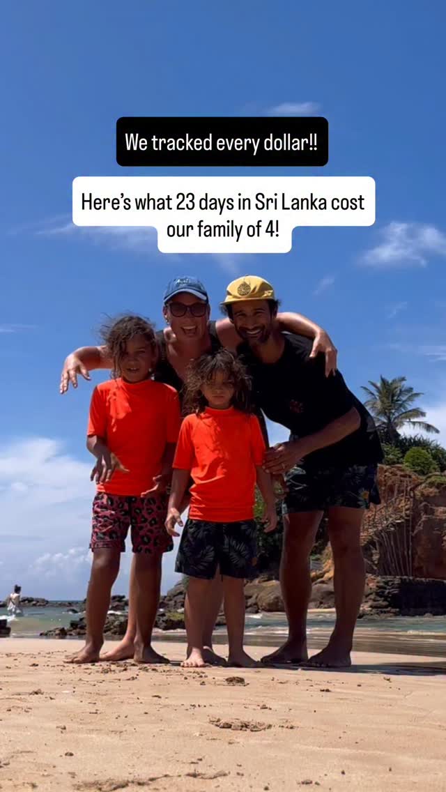 Does this surprise you? 

We are gearing up to drop our first ever travel guide and we are so excited! Stay tuned for our ultimate  family guide to Sri Lanka coming soon! 

Spend details:

✈️ $ 4168 We booked in Jan and left mid March. Flew Singapore Airways and they were fantastic. These flights do include a stop over in Singapore on the way home. 

🏨 $1800 Our accomodation. Was simple, clean, with aircon and a pool! Happy campers. We had two gifted nights at Radisson Collection 

🚐 $844 We had a private driver for 7 days, for some longer drives and that worked well for us. Unfortunately the Kandy to Ella train wasn’t functional. 

🛺 $520 Two weeks of driving around in our own TukTuk. AMAZING! This included $80 for driving permits but also add another $40 for fuel

🐘 $560 For sight seeing. Safaris, village tour, surf lessons, entry to waterfalls, parks, walks, botanical gardens etc. 

🍔 $3000 Most of our accomodation included breakfast so this is for dinner everyday, lunch snacks, booze and water. 

🗺️ $280 Travel Insurance. Don’t travel without it.

❔$216 Bit of personal shopping, clothes washing, e-sim etc 

Numbers in AUD 

FOLLOW along @thefamilyfind for more